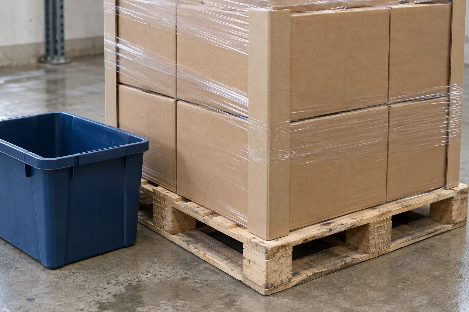 Generic blank cartons, stretch wrap, corner protection and an unmarked reusable tote beside a pallet