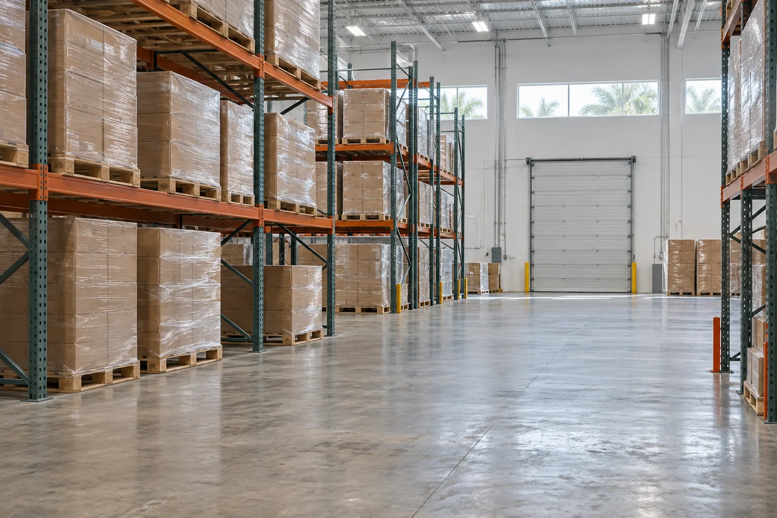 Generic clean warehouse aisle with unmarked wrapped pallet loads and open floor space